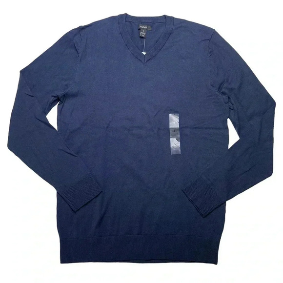 Alfani Solid Table Cotton Blend Navy V-Neck Classic Fit Mens Sweater - Picture 2 of 10